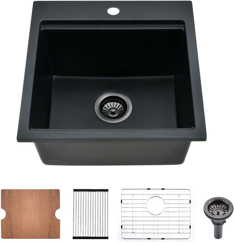 21 Inch Black Drop In Bar Sink Granite Workstation-Bokaiya 21x20 Bar Sink Drop In Matte Black Quartz Composite Small Outdoor Rv Single Bowl Wet Bar Sinks with Cutting Board