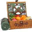 Picnic Basket for 4 Persons with Waterproof Picnic Blanket and Insulated Cooler, Large Wicker Picnic Basket for Camping, Outdoors, Valentine's Day, Christmas, Birthday, Wedding Gift (Green & White Spots)