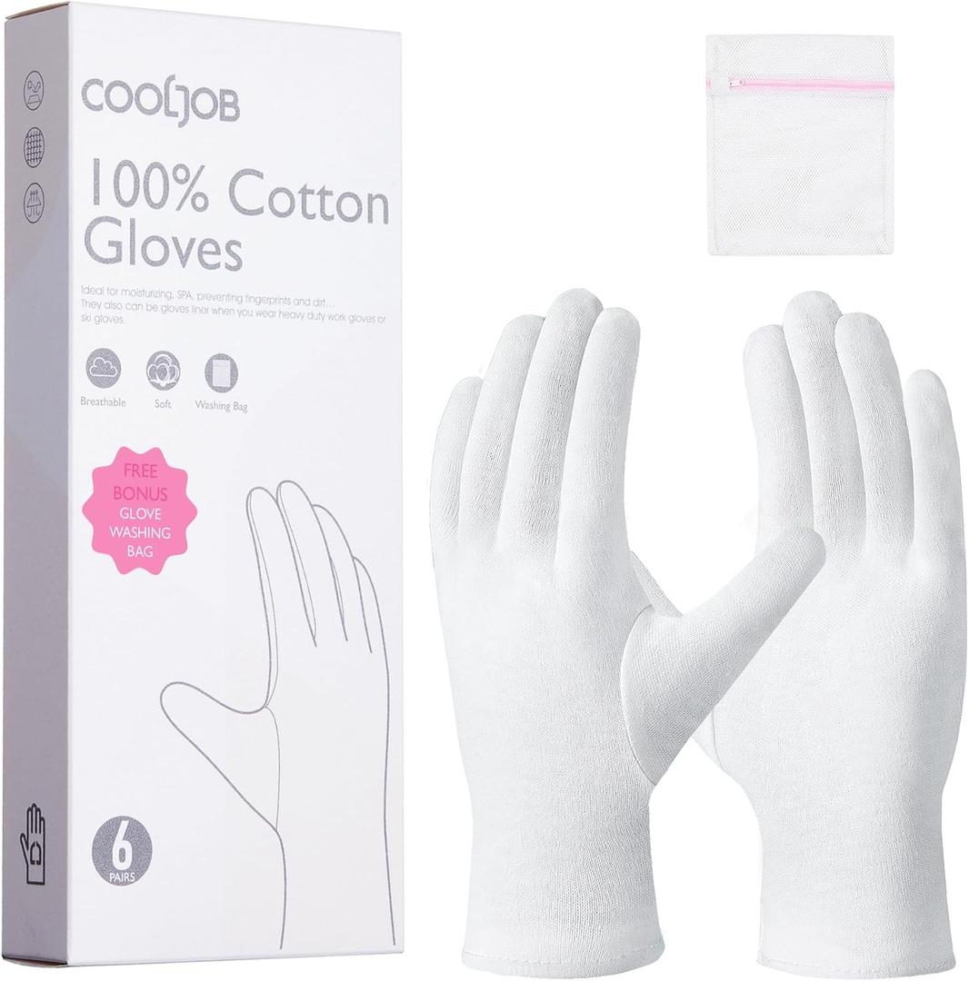 COOLJOB 100% Cotton Gloves, 6 Pairs White Cotton Gloves for Dry Hands Moisturizing & Eczema, Overnight Lotion, Sleep & Spa Treatment for Women & Men, Breathable Work Glove Liners, Large Size