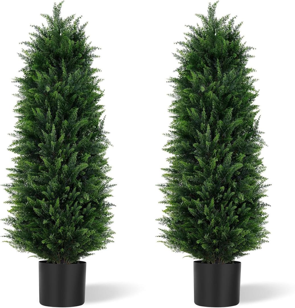 Artificial Cedar Trees 5FT, UV Resistant Faux Tree Potted Plants with Trunk 59in Fake Cypress Tree for Indoor Outdoor Garden Decor-2pack