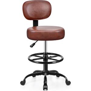 Drafting Chair with Backrest  Adjustable Foot Rest Rolling Stool with Wheels, PU Leather Swivel Stool for Office Spa Studio Lab Counter Salon Home Work Bar Kitchen Shop(Ember Brown)