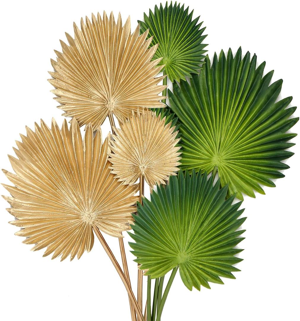 6 Pcs Pu Foam Artificial Palm Leaves Faux Palm Tropical Leaves Fake Palm Fronds for DIY Wedding Bouquets Fake Leaves for Centerpieces Arrangements Bridal Shower Palm Leaf for Home Decor Gold&Green (Green&gold)