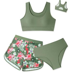 Girls Swimsuit 3 Piece Bikini Set with Shorts Tropical Floral Print Bathing Suit Girls' Swimwear 7-16T (7-8 Years, Green)