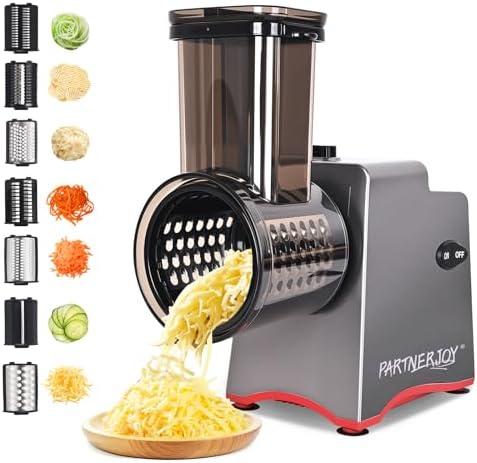 PARTNERJOY Electric Cheese Grater 250W, 7-in-1 Salad Maker & Vegetable Slicer Shredder with Widened Feeding Port for Block Cheese, Carrots, Potatoes & Fruits, Professional Food Grating Machine (Machine Only) (Attachments Not Included)