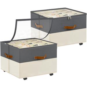 Shoe Organizer for Closet, 2 Pack Shoe Storage Organizer with Wheels and Adjustable Dividers, Stackable Shoe Storage Box with Clear Cover, Closet Shoe Organizer Fits up to 16-32 Pairs, Gray and Beige