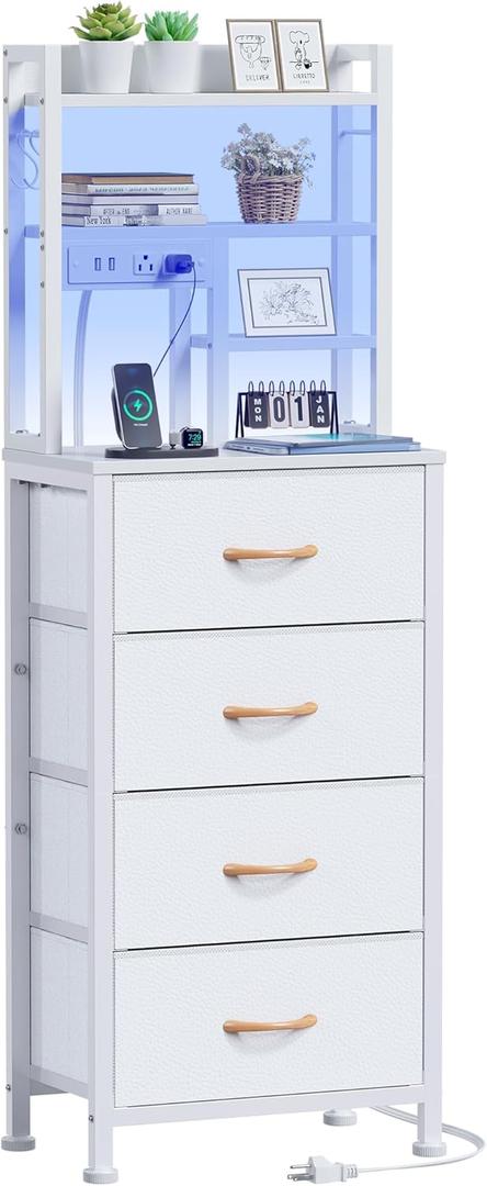Furnulem Tall Night Stand, 52.1 Inch LED Nightstand with Charging Station and USB Ports, 4 PVC Fabric Drawers and 4 Tier Storage Shelf, Bedside Table for Bedroom, Dorm, Office (White)
