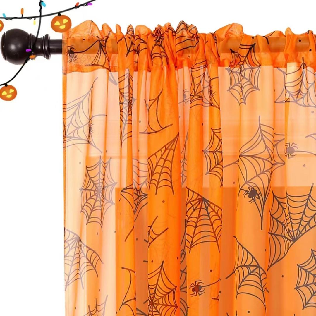 Halloween Curtains for Living Room, Orange Sheer Curtains 95 Inch Length 2 Panel Halloween Decorations for Home, Spider Web Window Drapes Decorations for Bedroom and Home Decor, 52 x 96 Inch