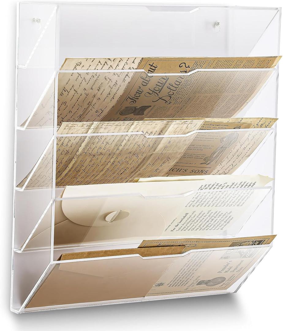 Chunful 5 Tier Mail Sorter Letter Wall Holder Clear Acrylic Wall Mounted Mail Organizer Hanging File Envelope Pocket Plastic Mount Document Holder for Home Office Entryway