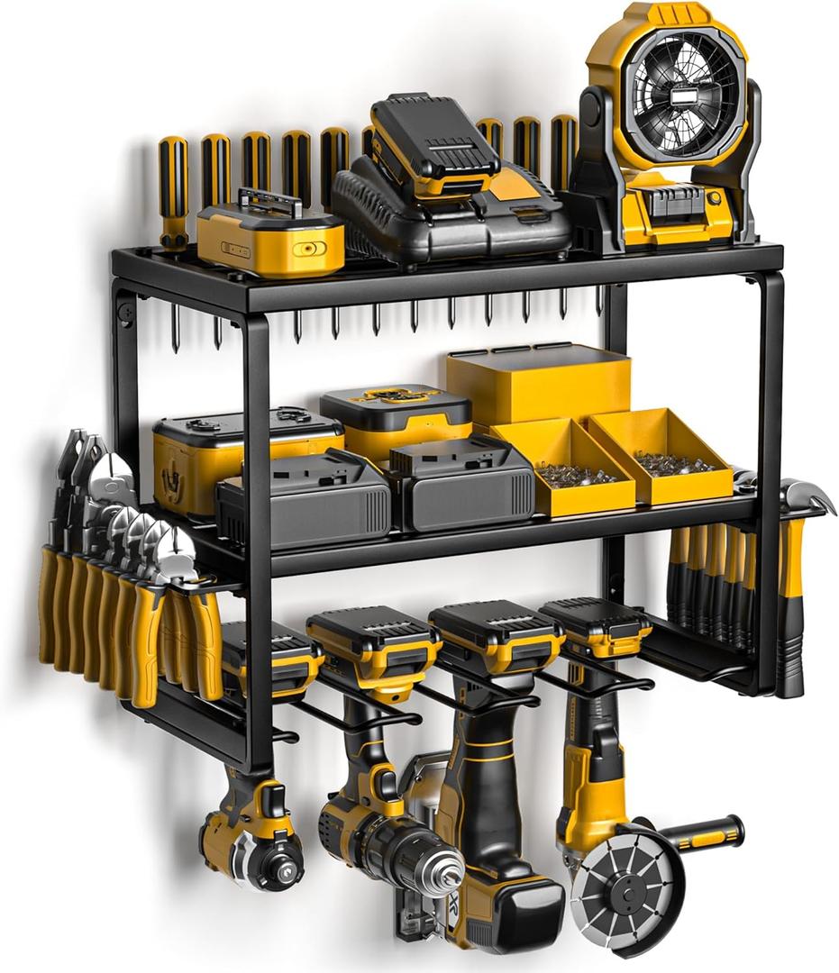 Power Tool Organizer Wall Mount, 3 Layers Storage Rack with 4 Drill Holders, Garage Storage Rack for Handheld, Metal Tool Shelf Utility Rack for Cordless Power Tools, Suitable for Giving men