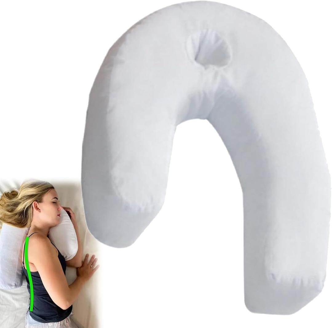 J-Shaped Side Sleeping Pillow with Ear Hole, Ergonomic Side Sleeper Neck Pillow for Neck and Shoulder Pain, Memory Foam Support, Perfect for Side Sleepers, Pregnancy & Hip, Back, Sciatica Relief