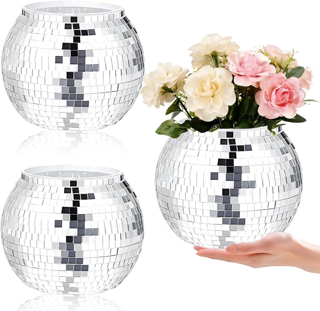 Disco Ball Vase 9" X 7.08" 2 Pcs Disco Ball Vases for Centerpieces Silver Mirror Disco Ball Planter for Wedding Table Centerpieces Birthday Party Decoration