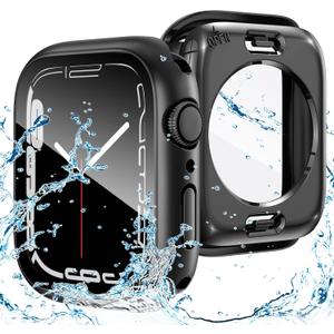 Goton 2 in 1 Waterproof Case for Apple Watch Series 9 8 7 Screen Protector 45mm, 360 Protective Glass Face Cover Hard PC Bumper + Back Frame for iWatch Accessories 45 mm (Black)