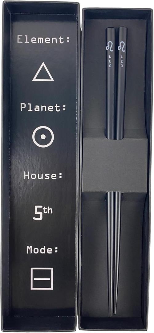 2 x AstroHashi, Zodiac Astrology Chopsticks with Box - Collectible Reusable Chinese Korean Japanese Chop Sticks - 9in Wooden Chopsticks (Leo)