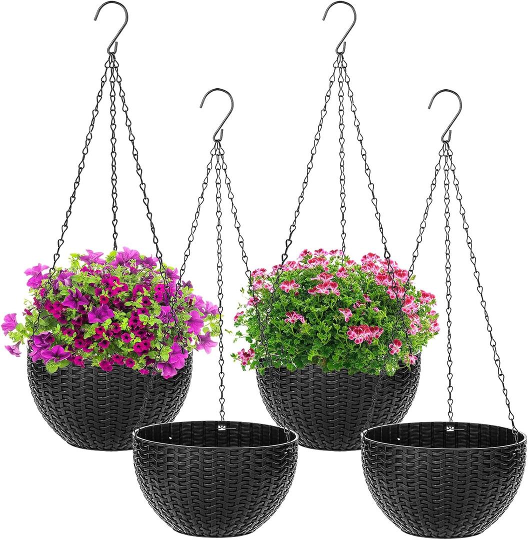 4 Pack Black Hanging Planters, 8.2 inch Hanging Flower Basket Planter Pots, Garden Plant Pot Container, Balcony Patio Hanging Basket Planters with Drainage Hole for Indoor and Outdoor Use