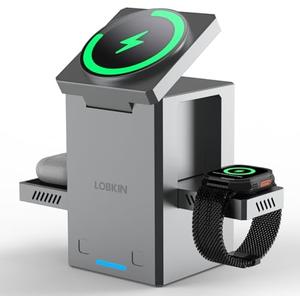LOBKIN 3 in 1 Wireless Charging Station for Apple Multiple Devices, 15W Fast Foldable Magnetic Charger Stand for iPhone 16 15 14 13 12 Pro Max, Apple Watch Series 10/9/8/Ultra