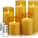 Fo32won Amber LED Flameless Pillar Candles Battery Operated with Remote and Timer, Set of 5 (D 3"×H 4" 5" 6" 8" 8") Decorative Acrylic Flickering Candles with 3D Flame