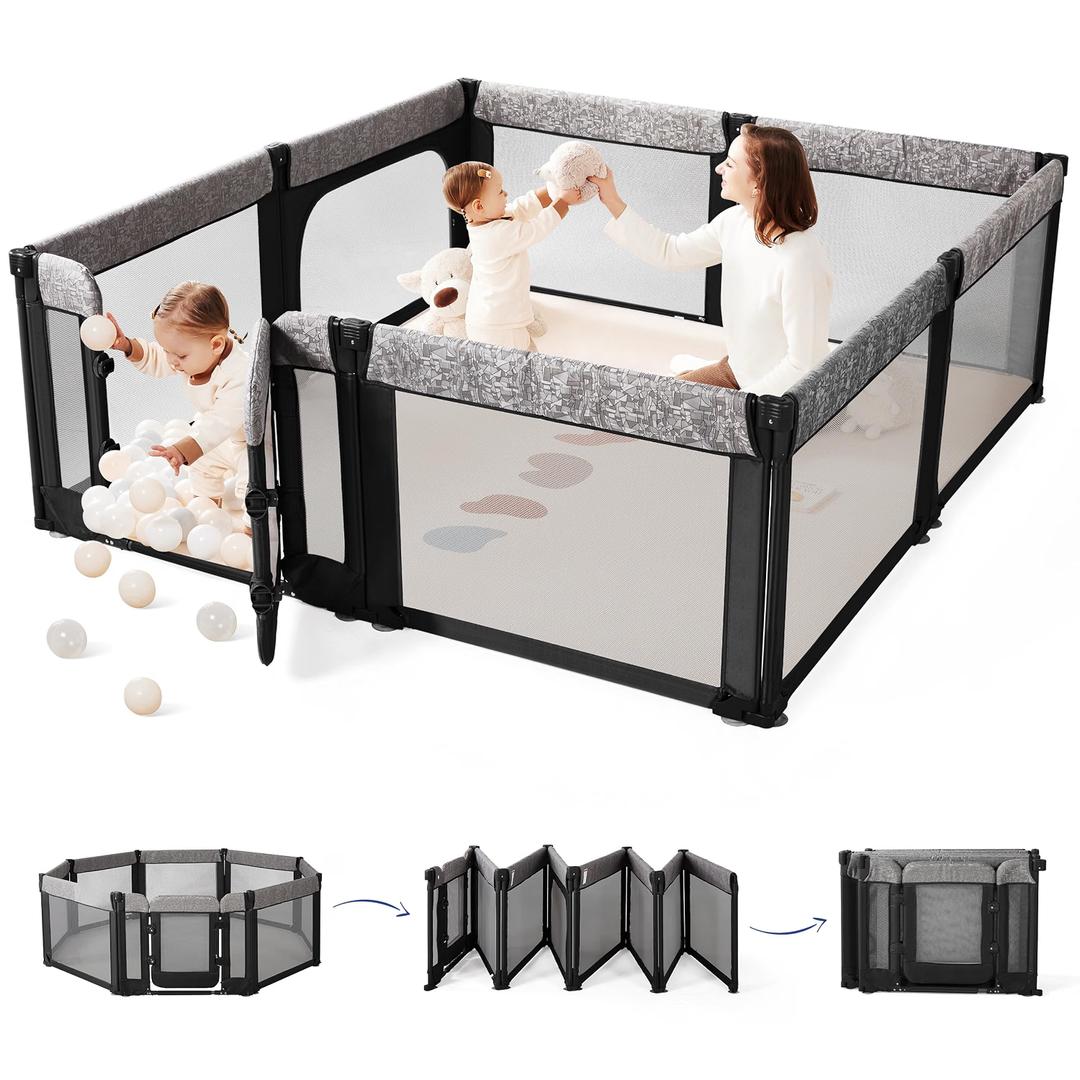 Sweeby Foldable Baby Playpen, 71x59 Playpens for Babies and Toddlers Large Play Yard with Door Baby Fence with Gate and Indoor & Outdoor Play Pen, Black