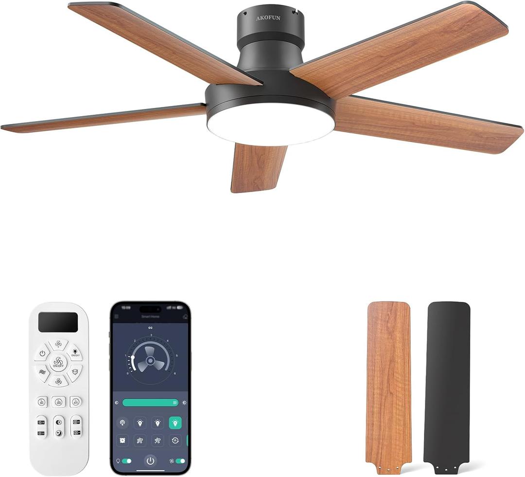 Ceiling Fans with Lights, 44 Inch Low Profile Ceiling Fan with Light and Remote, APP, 6 Speed, Dimmable LED, Reversible DC Motor, Timer, Black Flush Mount Ceiling Fan for Bedroom Living Room
