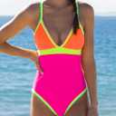 popvil One Piece Swimsuit 2025 Tummy Control Women Bathing Suit Shapewear Swimsuits Slimming Neon Cute Tie Back Swimwear (M)