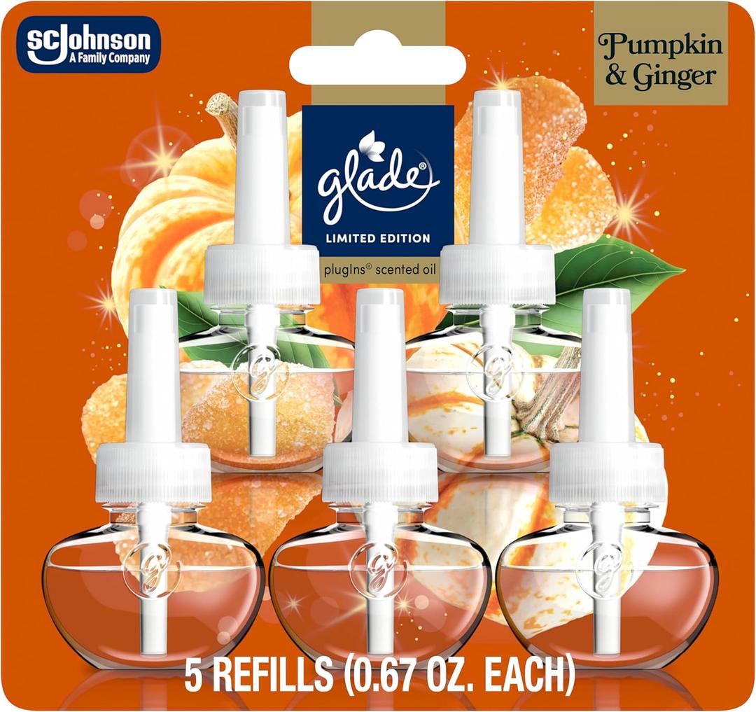 Glade PlugIns Refills Air Freshener, Pumpkin & Ginger, Scented and Essential Oils for Home and Bathroom, 0.67 Fl Oz, 5 Count