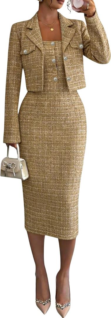 Women Plaid 2 Piece Outfits Cropped Blazer and Sleeveless Midi Dress Sets Business Casual Suits (Medium, Brown)