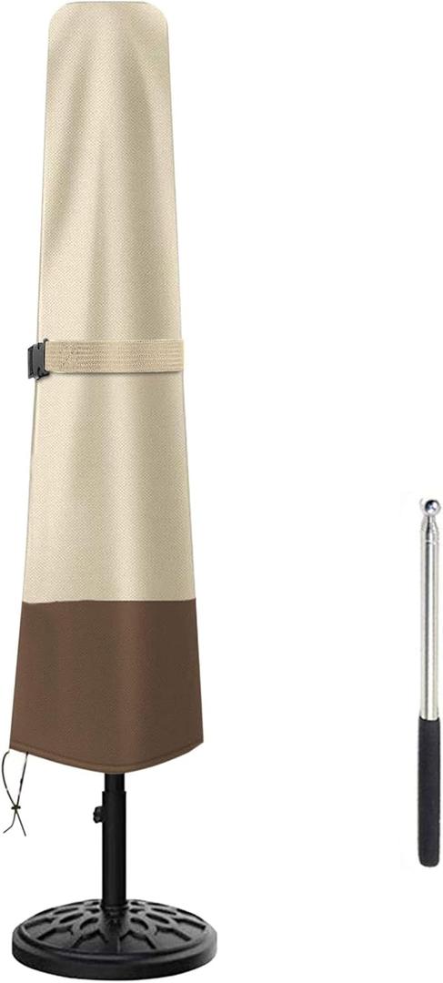 Patio Umbrella Cover - Heavy Duty 600D Oxford, Waterproof, Fits 7ft to 10ft Umbrellas, Outdoor Garden Parasol Cover with Push Rod, Beige & Brown
