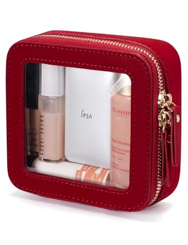 Popvibe Clear Makeup Bag Travel Cosmetic Case Transparent Toiletry Bag with Zipper, Portable Make Up Organizer Traveling Compact Car Bag for Essentials, Red, Mini