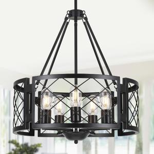 Sigaitwei 5-Light Farmhouse Chandelier Rustic Black Chandelier for Dining Room,Adjustable Pendant Light,Drum Chandelier for Kitchen Island Entryway Bedroom Hallway,18.9'',E26.