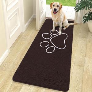 OLANLY Dog Door Mat for Muddy Paws 70x24, Paw Print Design Chenille Mud Mat | Brown, Absorbent, Traps Moisture and Dirt, Non-Slip Washable Doormat, Quick-Drying Indoor Entryway Floor Carpet for Dogs