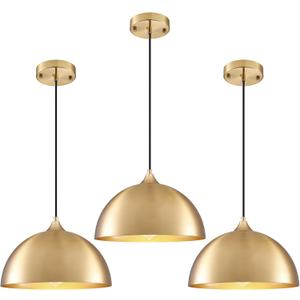 Gold Pendant Light 11.8", Industrial Dome Pendant Lights with Gold Interior, Adjustable Farmhouse Hanging Light for Kitchen Island Dining Room Bedroom Restaurant, 3 Pack
