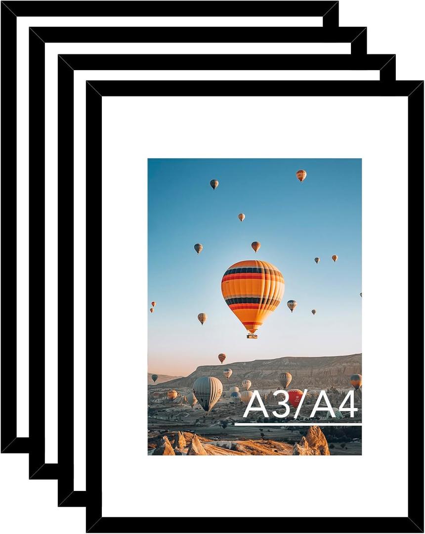 JCJMY 11.7x16.5 A3 Picture Frame Set of 4 Black with A4 Mat, Display Photo 8.3x11.7 with Mat or 11.7 x 16.5 Without Mat, Wall Hanging Large Frame with Plexiglass, 4 Pack, Black