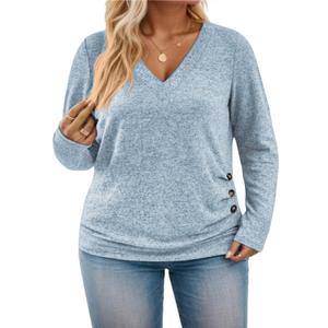Oversized T Shirts for Women Dressy Long Sleeve Shirts Winter Solid Color Blouses Cute Elegant V Neck Tops 2XL Blue