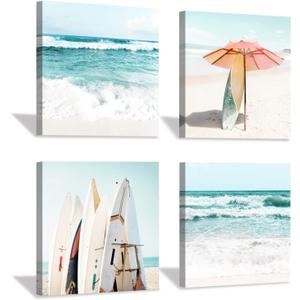 Hardy Gallery Beach Canvas Wall Art Painting: Summer Surfboard and Umbrella on Beach Picture Print for Living Room (16'' x 16'' x 4 Panels)