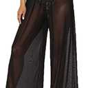 Women Sexy See Through Sheer Mesh Loose Bottoms, Swimsuit Bikini Cover Up, High Waist Wide Leg Pant, C Black, X-Large 