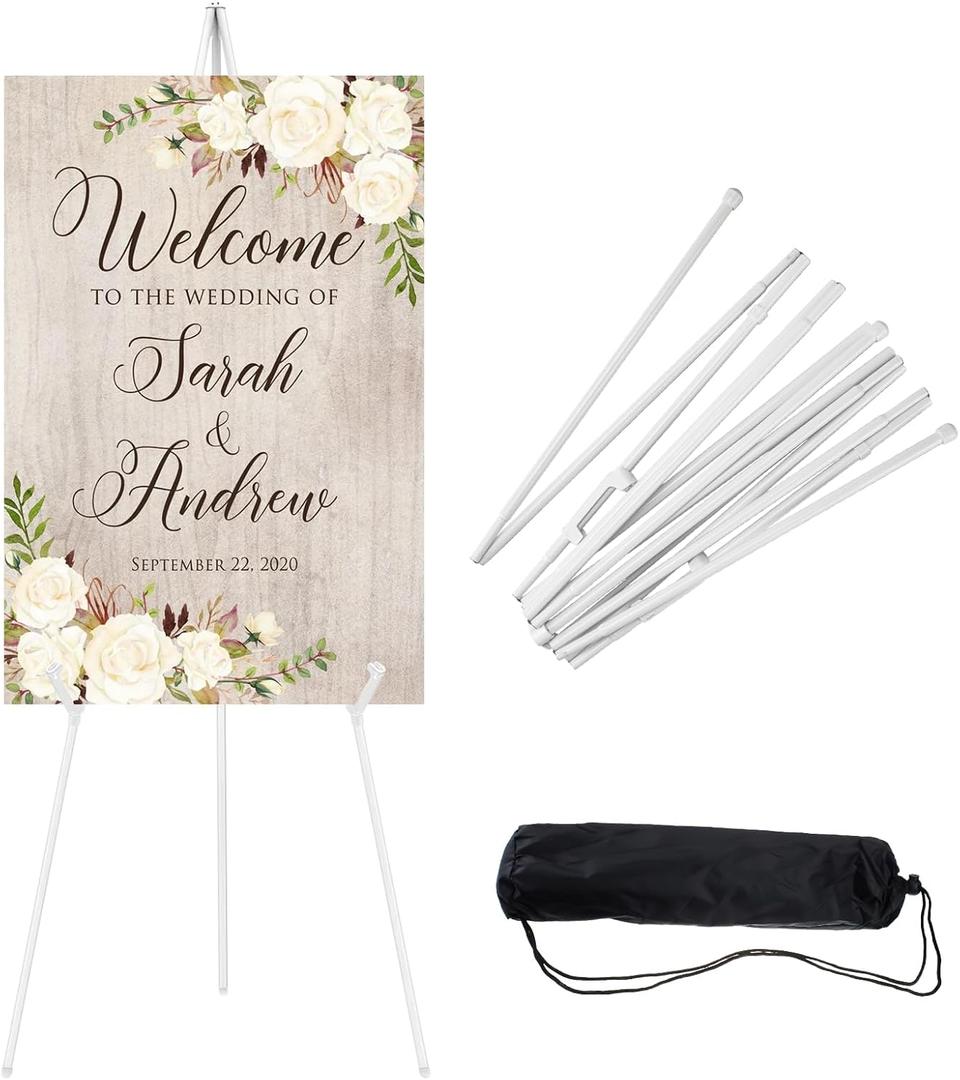Easel Stand for Sign 66 Inches, Lightweight Adjustable Wedding Wecome Sign Stand for Display, Poster Easel for Party, White Metal Poster Stand Easel for Painting with Portable Bag(1 Pcs)