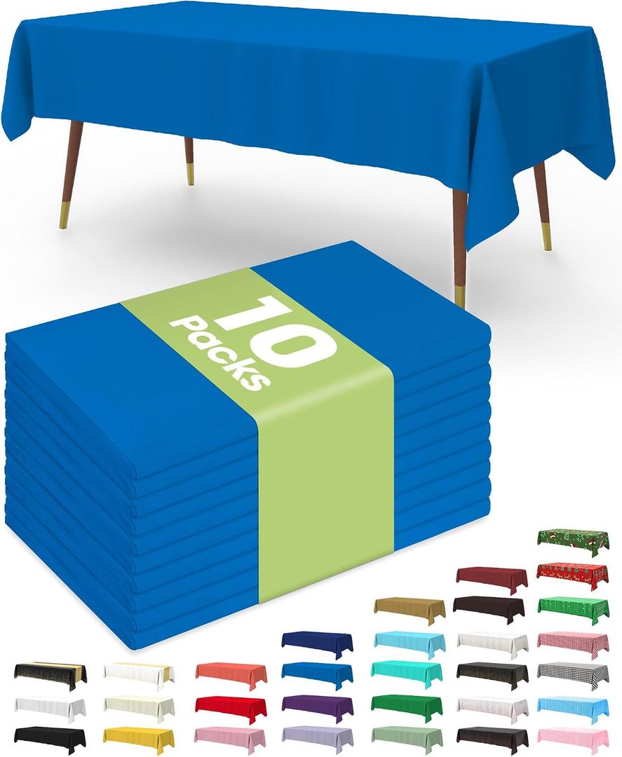 Pureegg Plastic Table Cloth Disposable 10 Pack, 54 x 108 Inch Table Cloths, Patriotic Decorations, Thanksgiving, Veterans Day Tablecloths, Rectangle, Plastic Cover, Leakproof & Sturdy, Blue
