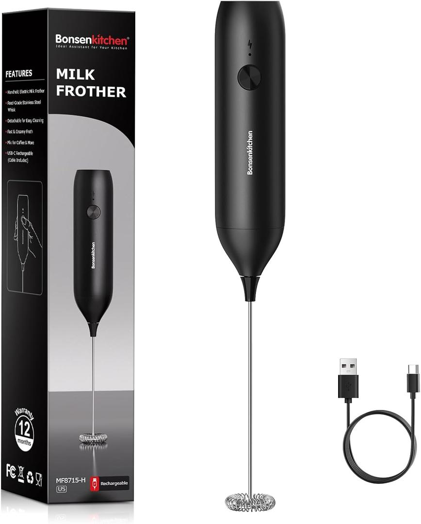 Bonsenkitchen Rechargeable Milk Frother Handheld, Electric Foam Maker with Stainless Steel Whisk, Charging USB-C, Portable Hand Wand Drink Mixer for Coffee Matcha Lattes Cappuccino, Kitchen Gifts