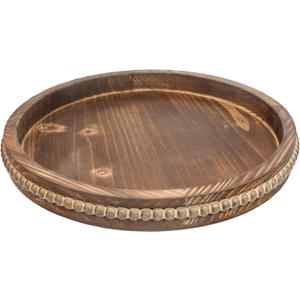 Round Burnt Wood Serving Tray with Beads, Wooden Decorative Tray for Entertaining, Decoration, and Gifting, Burnt Brown Y1, 13"
