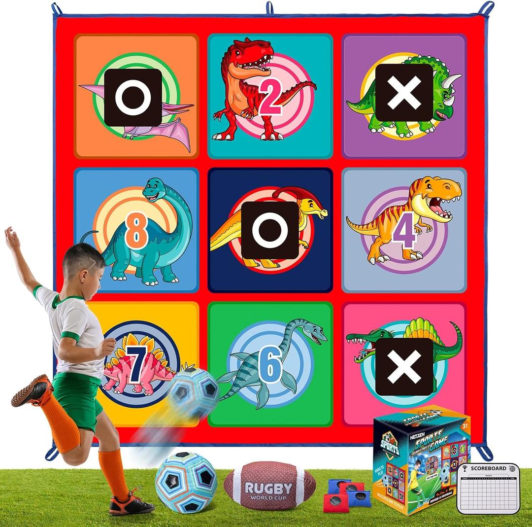 Soccer Tic Tac Toe Game - Toy Gift for Boys Girls Age 3-8, Football Bean Bag Toss Game Set for Kids Toddlers, Indoor Outdoor Backyard Party Game with Velcro Balls and Target Goal Mat (59 X 59 in)