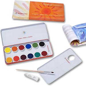 STOCKMAR Opaque Color Box - Set of 12 paints, Includes Opaque White Paint Tube, Brush, and Palette- Waldorf Art Supplies