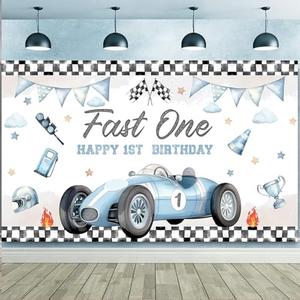 Racing Cars Happy Birthday Decorations Backdrop Banner, Race Car Fast Birthday Party Decorations Photo Watercolor Backdrop for Birthday Party Supplies Boys Children Celebration, 70.8X 43Inch (ONE)