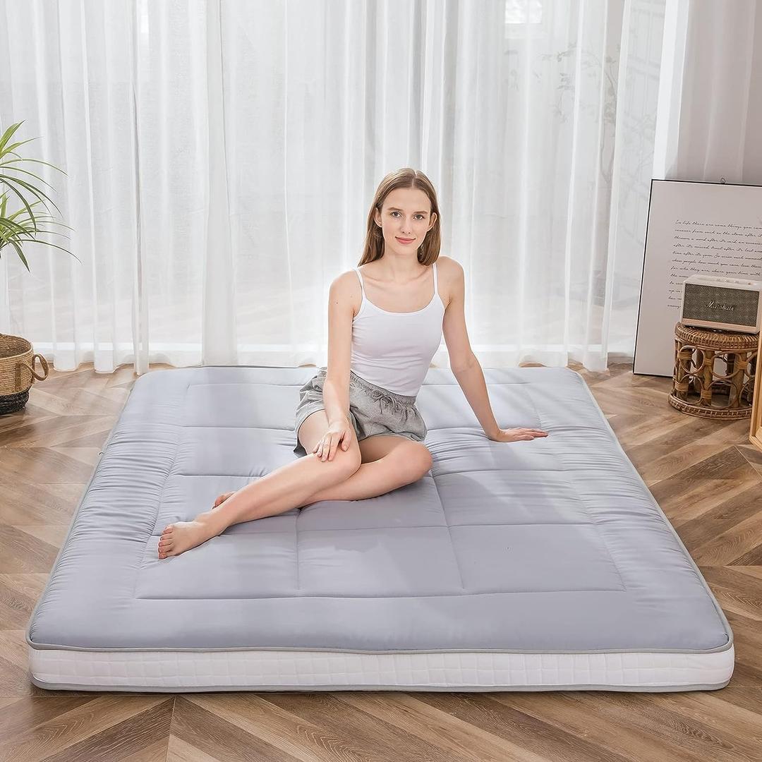 MAXYOYO King Futon Mattress Foam Mattress Topper, Japanese Floor Mattress Foldable Mattress Futon Bed Mattress Pad Guest Bed Mattress, Extra Thick Folding Floor Couch for Adults, Grey King Floor Bed