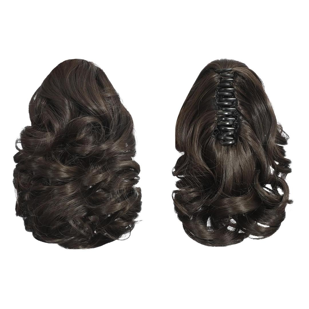 Black Ponytail Extension, 9" Short Claw Clip in Ponytail Hair Extensions Hair Piece Natural Soft Synthetic Curly Wavy Pony Tail Hair Pieces for Women (Black Brown)