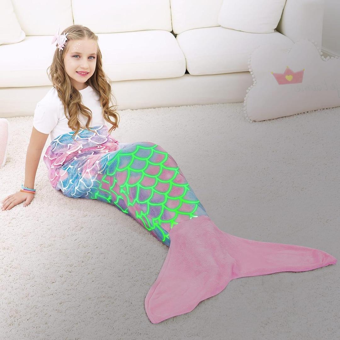 WERNNSAI Mermaid Tail Blanket - Glow in The Dark Mermaid Wearable Blanket, Kid（55"x24") (M)