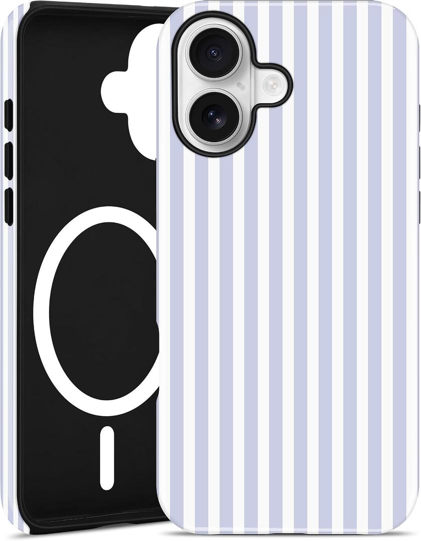 Magnetic Striped Phone Case for iPhone 16 Plus, Compatible with MagSafe, Cute Wide Blue Aesthetic Stripe Soft TPU and Hard PC Shockproof Protective Phone Cover for Women Girls