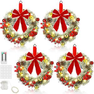 Ceenna 4 Pcs Pre-lit Artificial Christmas Wreaths 14 Inch Timer Lighted Christmas Wreaths with Bow Red Berries Pinecone Pine Needles 8 Model LED Light Xmas Wreath for Front Door Window Wall Holiday