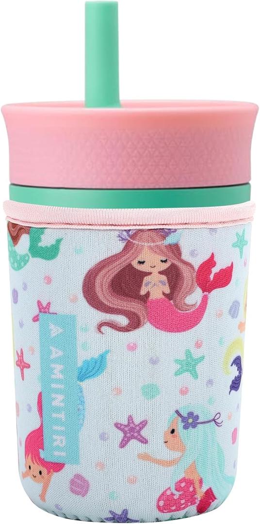Amintiri Cute Sleeve for Owala Kids 12oz and Zak Cup 15oz, Neoprene Cover Compatible with Owala Kids Tumbler, Zak Cup, Water Bottle Scratch Resistant Sleeve for Boys Girls to School (Mermaid World)