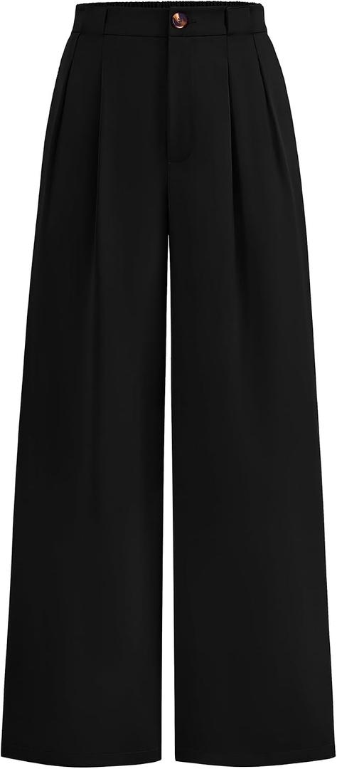 KIRUNDO Wide Leg Pants for Women 2026 Dressy Button Trousers,Black,XL | Elastic High Waisted, Business Casual Palazzo Work Pant, Flowy Pleated Slacks With Pockets, Trendy Daily Travel Fall Outfits