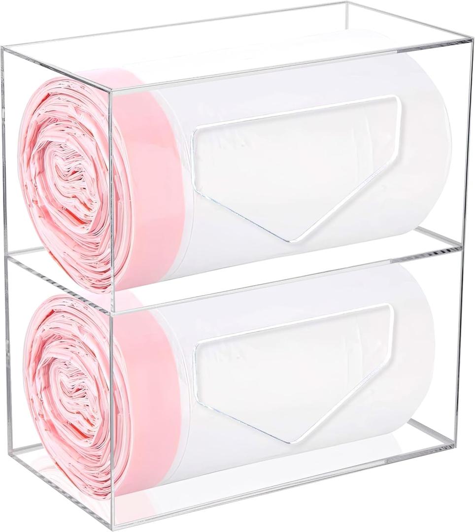 Trash Bag Dispenser Roll Holder Under Sink & Wall Mount - 2 in 1 Clear Acrylic Garbage Bag Holder Organizer for Cabinet Kitchen  Storage Box Holder for Garbage, Grocery & Plastic Bags (Double Roll Dispenser (10.45'' x 10.7'' x 5.4''))