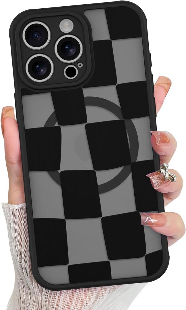 KANGHAR for iPhone 15 Pro Max Case Checkered Matte Aesthetic Cute Pattern Magnetic [Compatible with Magsafe] Slim Shockproof Full Body Protection for Girls Women
